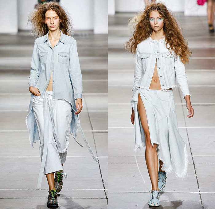 Marques’Almeida 2015 Spring Summer Womens Runway Looks - London Fashion Week British Fashion Council UK United Kingdom - Denim Jeans Frayed Raw Hem Banded Straps Sheer Chiffon Deconstructed Leather Sheen Apron Crystals A-Line Skirt Frock Stonewash Wrap Handkerchief Asymmetrical Hem Cropped Pants Trousers Halter Top Outerwear Jacket 3D Embellishments Adornments Bejeweled Tulle Dress Cloak One Off Shoulder Drapery Colorblock Strings