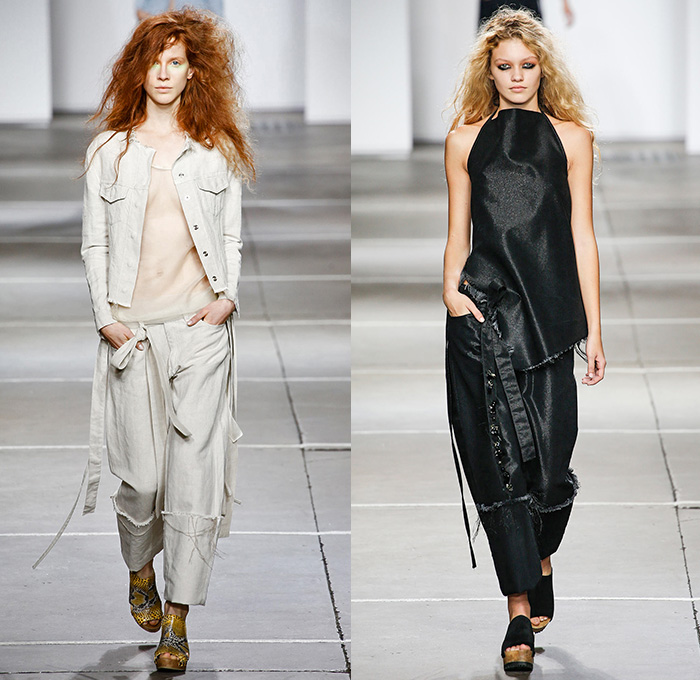 Marques’Almeida 2015 Spring Summer Womens Runway Looks - London Fashion Week British Fashion Council UK United Kingdom - Denim Jeans Frayed Raw Hem Banded Straps Sheer Chiffon Deconstructed Leather Sheen Apron Crystals A-Line Skirt Frock Stonewash Wrap Handkerchief Asymmetrical Hem Cropped Pants Trousers Halter Top Outerwear Jacket 3D Embellishments Adornments Bejeweled Tulle Dress Cloak One Off Shoulder Drapery Colorblock Strings