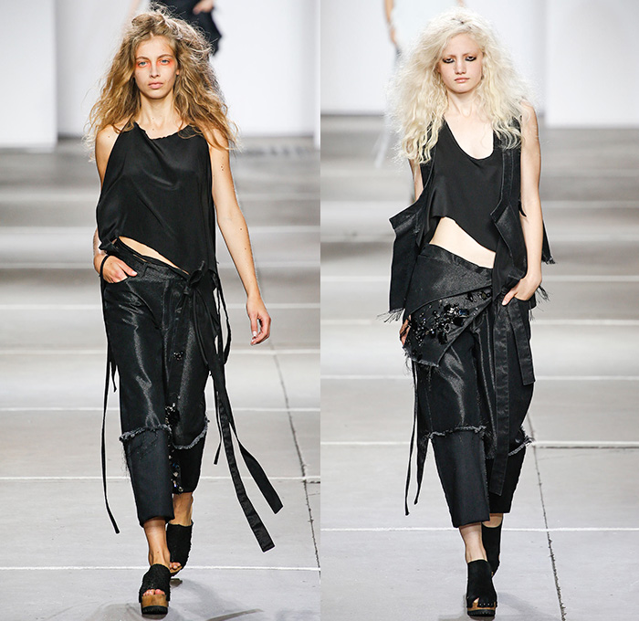 Marques’Almeida 2015 Spring Summer Womens Runway Looks - London Fashion Week British Fashion Council UK United Kingdom - Denim Jeans Frayed Raw Hem Banded Straps Sheer Chiffon Deconstructed Leather Sheen Apron Crystals A-Line Skirt Frock Stonewash Wrap Handkerchief Asymmetrical Hem Cropped Pants Trousers Halter Top Outerwear Jacket 3D Embellishments Adornments Bejeweled Tulle Dress Cloak One Off Shoulder Drapery Colorblock Strings