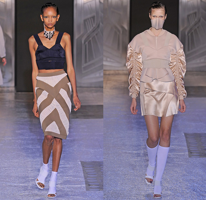 Masha Ma 2015 Spring Summer Womens Runway Catwalk Looks - Mode à Paris Fashion Week Prêt-à-Porter Mode Féminin Femme France - Stripes Cardigan Mask Face Skirt Frock Sheer Chiffon Peek-A-Boo Crop Top Midriff Ruffles Cinch  Handkerchief Hem Bomber Jacket Bomberdress Bombertank Bombervest Bomberblouse Waffle Quilted Calf High Stockings Socks Miniskirt Fold Out Tankdress High Slit Wide Sleeves Minimalist Dress Layers