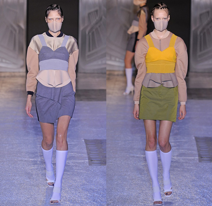 Masha Ma 2015 Spring Summer Womens Runway Catwalk Looks - Mode à Paris Fashion Week Prêt-à-Porter Mode Féminin Femme France - Stripes Cardigan Mask Face Skirt Frock Sheer Chiffon Peek-A-Boo Crop Top Midriff Ruffles Cinch  Handkerchief Hem Bomber Jacket Bomberdress Bombertank Bombervest Bomberblouse Waffle Quilted Calf High Stockings Socks Miniskirt Fold Out Tankdress High Slit Wide Sleeves Minimalist Dress Layers