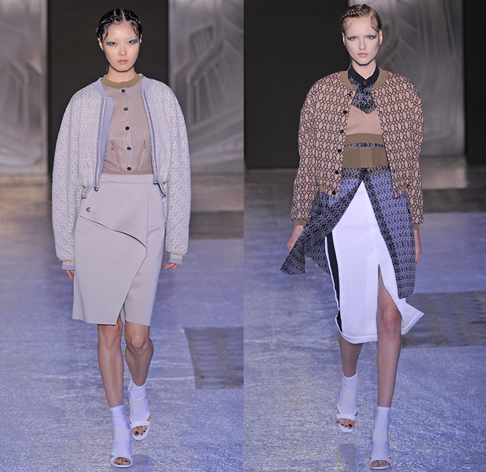 Masha Ma 2015 Spring Summer Womens Runway Catwalk Looks - Mode à Paris Fashion Week Prêt-à-Porter Mode Féminin Femme France - Stripes Cardigan Mask Face Skirt Frock Sheer Chiffon Peek-A-Boo Crop Top Midriff Ruffles Cinch  Handkerchief Hem Bomber Jacket Bomberdress Bombertank Bombervest Bomberblouse Waffle Quilted Calf High Stockings Socks Miniskirt Fold Out Tankdress High Slit Wide Sleeves Minimalist Dress Layers