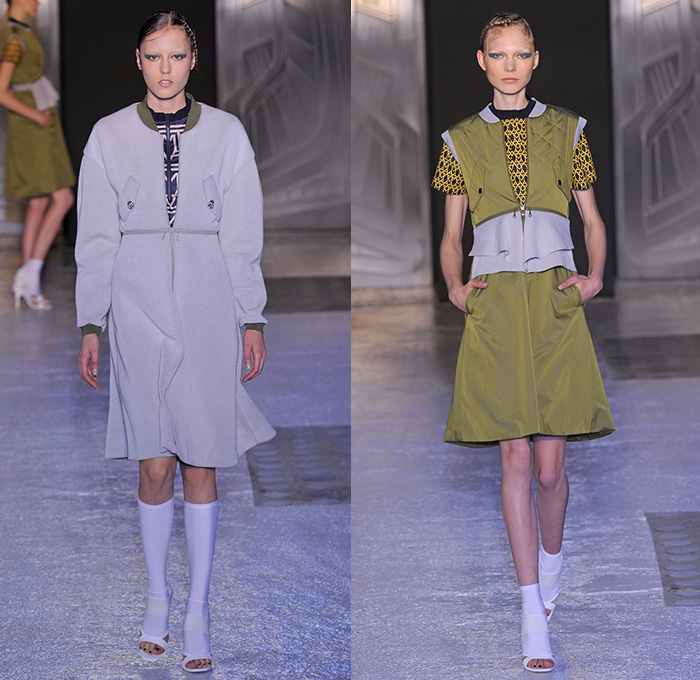 Masha Ma 2015 Spring Summer Womens Runway Catwalk Looks - Mode à Paris Fashion Week Prêt-à-Porter Mode Féminin Femme France - Stripes Cardigan Mask Face Skirt Frock Sheer Chiffon Peek-A-Boo Crop Top Midriff Ruffles Cinch  Handkerchief Hem Bomber Jacket Bomberdress Bombertank Bombervest Bomberblouse Waffle Quilted Calf High Stockings Socks Miniskirt Fold Out Tankdress High Slit Wide Sleeves Minimalist Dress Layers