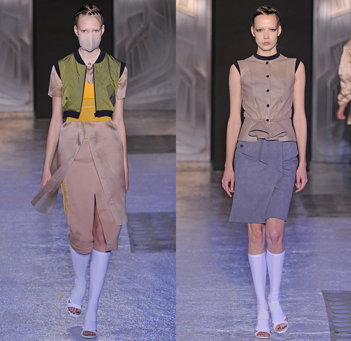 Masha Ma 2015 Spring Summer Womens Runway Catwalk Looks - Mode à Paris Fashion Week Prêt-à-Porter Mode Féminin Femme France - Stripes Cardigan Mask Face Skirt Frock Sheer Chiffon Peek-A-Boo Crop Top Midriff Ruffles Cinch  Handkerchief Hem Bomber Jacket Bomberdress Bombertank Bombervest Bomberblouse Waffle Quilted Calf High Stockings Socks Miniskirt Fold Out Tankdress High Slit Wide Sleeves Minimalist Dress Layers