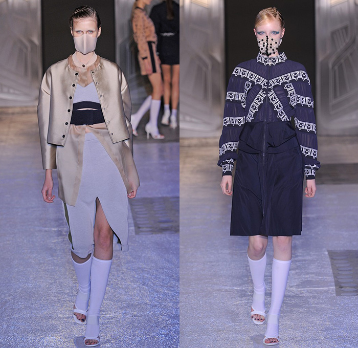 Masha Ma 2015 Spring Summer Womens Runway Catwalk Looks - Mode à Paris Fashion Week Prêt-à-Porter Mode Féminin Femme France - Stripes Cardigan Mask Face Skirt Frock Sheer Chiffon Peek-A-Boo Crop Top Midriff Ruffles Cinch  Handkerchief Hem Bomber Jacket Bomberdress Bombertank Bombervest Bomberblouse Waffle Quilted Calf High Stockings Socks Miniskirt Fold Out Tankdress High Slit Wide Sleeves Minimalist Dress Layers