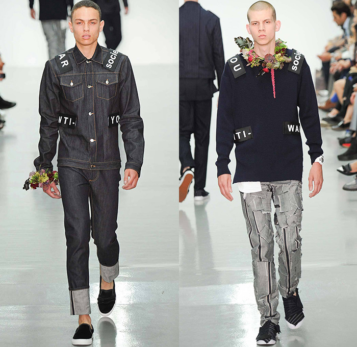 Matthew Miller 2015 Spring Summer Mens Runway Looks - London Collections: Men British Fashion Council UK United Kingdom - Raw Dry Rigid Denim Jeans Grosgrain Straps Patchwork Sweater Jumper Cropped Pinstripes Suit Blazer Vest Sleeveless Outerwear Coat Oversized Motorcycle Biker Moto Rider Trucker Jacket Shorts