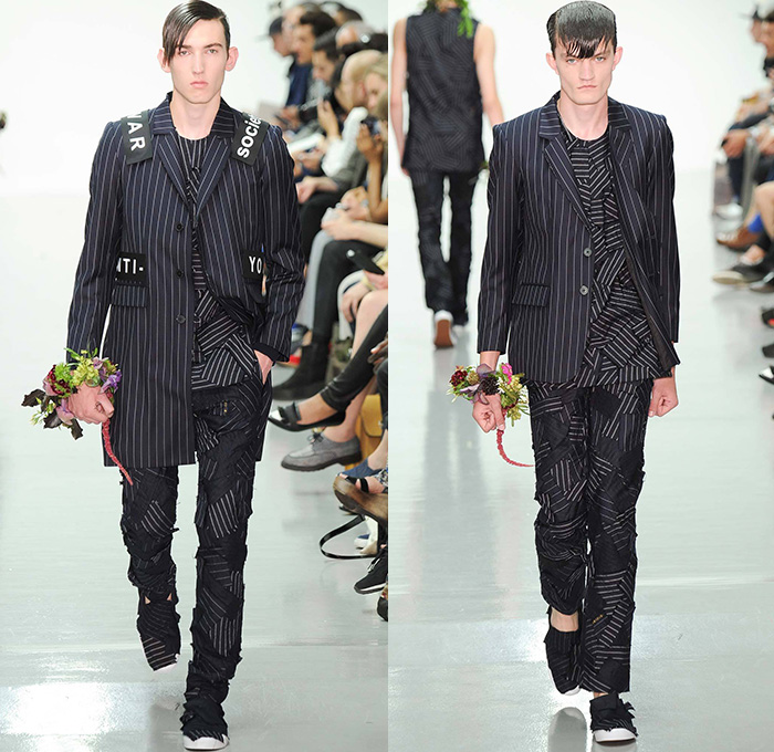 Matthew Miller 2015 Spring Summer Mens Runway Looks - London Collections: Men British Fashion Council UK United Kingdom - Raw Dry Rigid Denim Jeans Grosgrain Straps Patchwork Sweater Jumper Cropped Pinstripes Suit Blazer Vest Sleeveless Outerwear Coat Oversized Motorcycle Biker Moto Rider Trucker Jacket Shorts