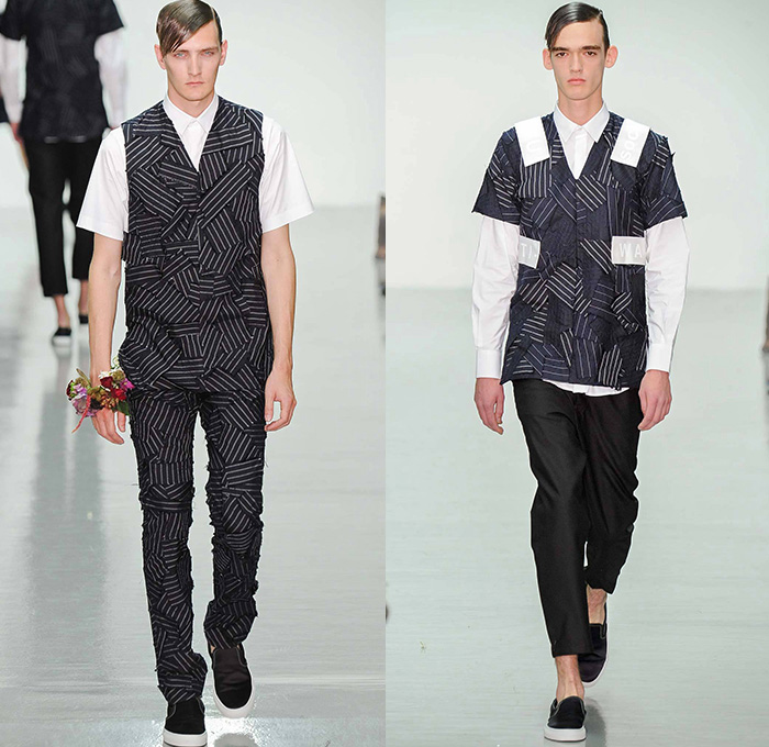 Matthew Miller 2015 Spring Summer Mens Runway Looks - London Collections: Men British Fashion Council UK United Kingdom - Raw Dry Rigid Denim Jeans Grosgrain Straps Patchwork Sweater Jumper Cropped Pinstripes Suit Blazer Vest Sleeveless Outerwear Coat Oversized Motorcycle Biker Moto Rider Trucker Jacket Shorts