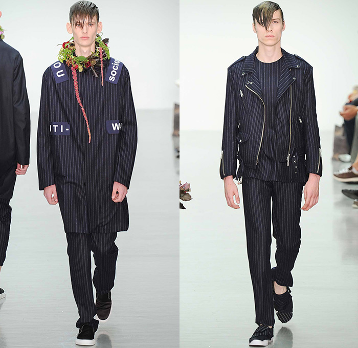 Matthew Miller 2015 Spring Summer Mens Runway Looks - London Collections: Men British Fashion Council UK United Kingdom - Raw Dry Rigid Denim Jeans Grosgrain Straps Patchwork Sweater Jumper Cropped Pinstripes Suit Blazer Vest Sleeveless Outerwear Coat Oversized Motorcycle Biker Moto Rider Trucker Jacket Shorts