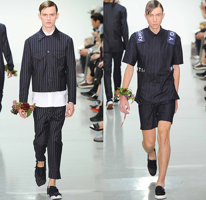 Matthew Miller 2015 Spring Summer Mens Runway Looks - London Collections: Men British Fashion Council UK United Kingdom - Raw Dry Rigid Denim Jeans Grosgrain Straps Patchwork Sweater Jumper Cropped Pinstripes Suit Blazer Vest Sleeveless Outerwear Coat Oversized Motorcycle Biker Moto Rider Trucker Jacket Shorts