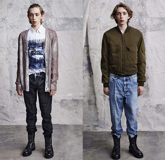 McQ Alexander McQueen 2015 Spring Summer Mens Lookbook Collection Presentation - Mode à Paris Fashion Week Mode Masculine France - Denim Jeans Destroyed Destructed Ripped Frayed Holes Acid Wash Bleached Steel Pattern Print Graphic Bomber Jacket Outerwear Patchwork Boots Cardigan Illustration Slouchy Loose Metallic Silver Shorts Jorts Roll Up Fold Up Socks With Sandals Knit Sweater Jumper Stripes
