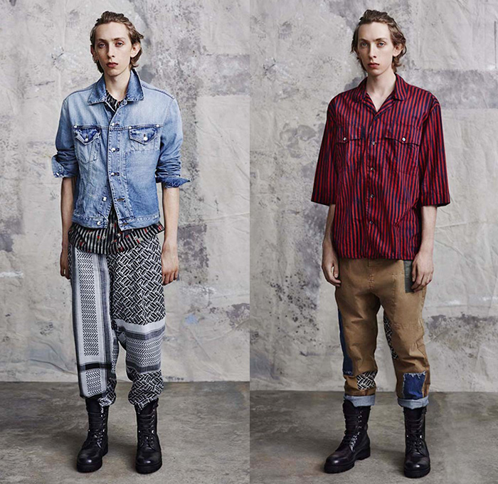 McQ Alexander McQueen 2015 Spring Summer Mens Lookbook Collection Presentation - Mode à Paris Fashion Week Mode Masculine France - Denim Jeans Destroyed Destructed Ripped Frayed Holes Acid Wash Bleached Steel Pattern Print Graphic Bomber Jacket Outerwear Patchwork Boots Cardigan Illustration Slouchy Loose Metallic Silver Shorts Jorts Roll Up Fold Up Socks With Sandals Knit Sweater Jumper Stripes