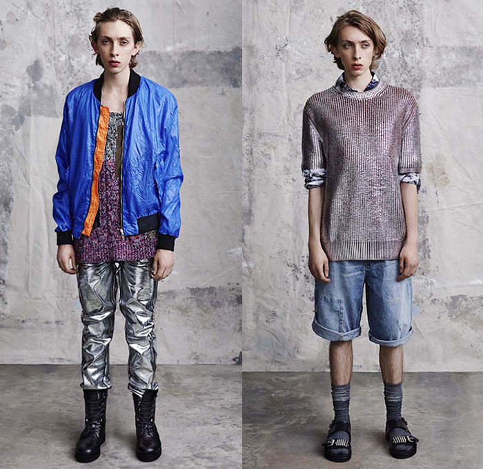McQ Alexander McQueen 2015 Spring Summer Mens Lookbook Collection Presentation - Mode à Paris Fashion Week Mode Masculine France - Denim Jeans Destroyed Destructed Ripped Frayed Holes Acid Wash Bleached Steel Pattern Print Graphic Bomber Jacket Outerwear Patchwork Boots Cardigan Illustration Slouchy Loose Metallic Silver Shorts Jorts Roll Up Fold Up Socks With Sandals Knit Sweater Jumper Stripes