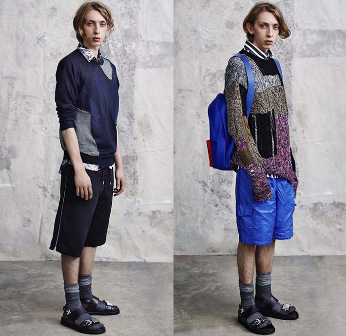 McQ Alexander McQueen 2015 Spring Summer Mens Lookbook Collection Presentation - Mode à Paris Fashion Week Mode Masculine France - Denim Jeans Destroyed Destructed Ripped Frayed Holes Acid Wash Bleached Steel Pattern Print Graphic Bomber Jacket Outerwear Patchwork Boots Cardigan Illustration Slouchy Loose Metallic Silver Shorts Jorts Roll Up Fold Up Socks With Sandals Knit Sweater Jumper Stripes