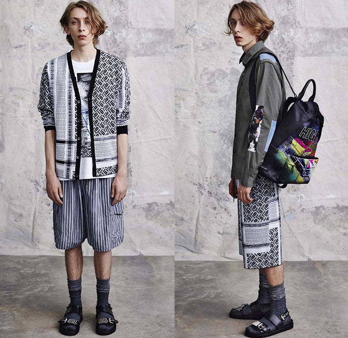 McQ Alexander McQueen 2015 Spring Summer Mens Lookbook Collection Presentation - Mode à Paris Fashion Week Mode Masculine France - Denim Jeans Destroyed Destructed Ripped Frayed Holes Acid Wash Bleached Steel Pattern Print Graphic Bomber Jacket Outerwear Patchwork Boots Cardigan Illustration Slouchy Loose Metallic Silver Shorts Jorts Roll Up Fold Up Socks With Sandals Knit Sweater Jumper Stripes