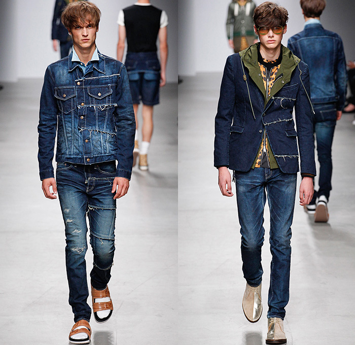 MIHARAYASUHIRO 2015 Spring Summer Mens Runway Catwalk Collection Looks - Mode à Paris Fashion Week Mode Masculine France - Denim Jeans Patchwork Frayed Vintage Ripped Destroyed Destructed Sandals Socks Outerwear Coat Paisley Drawstring Shorts Sneakers Bomber Jacket Tuck Out Shirt Black Knit Cardigan Hoodie Abstract Blazer Shorts Hat Fedora Cheetah Print Spots Pants Trousers