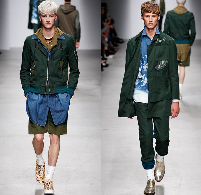 MIHARAYASUHIRO 2015 Spring Summer Mens Runway Catwalk Collection Looks - Mode à Paris Fashion Week Mode Masculine France - Denim Jeans Patchwork Frayed Vintage Ripped Destroyed Destructed Sandals Socks Outerwear Coat Paisley Drawstring Shorts Sneakers Bomber Jacket Tuck Out Shirt Black Knit Cardigan Hoodie Abstract Blazer Shorts Hat Fedora Cheetah Print Spots Pants Trousers