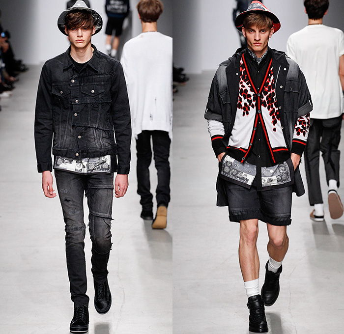 MIHARAYASUHIRO 2015 Spring Summer Mens Runway Catwalk Collection Looks - Mode à Paris Fashion Week Mode Masculine France - Denim Jeans Patchwork Frayed Vintage Ripped Destroyed Destructed Sandals Socks Outerwear Coat Paisley Drawstring Shorts Sneakers Bomber Jacket Tuck Out Shirt Black Knit Cardigan Hoodie Abstract Blazer Shorts Hat Fedora Cheetah Print Spots Pants Trousers
