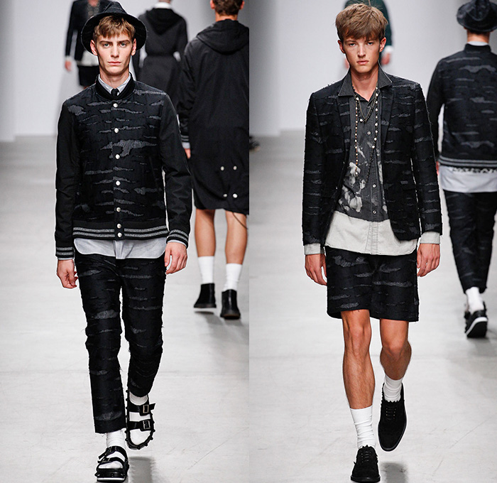 MIHARAYASUHIRO 2015 Spring Summer Mens Runway Catwalk Collection Looks - Mode à Paris Fashion Week Mode Masculine France - Denim Jeans Patchwork Frayed Vintage Ripped Destroyed Destructed Sandals Socks Outerwear Coat Paisley Drawstring Shorts Sneakers Bomber Jacket Tuck Out Shirt Black Knit Cardigan Hoodie Abstract Blazer Shorts Hat Fedora Cheetah Print Spots Pants Trousers