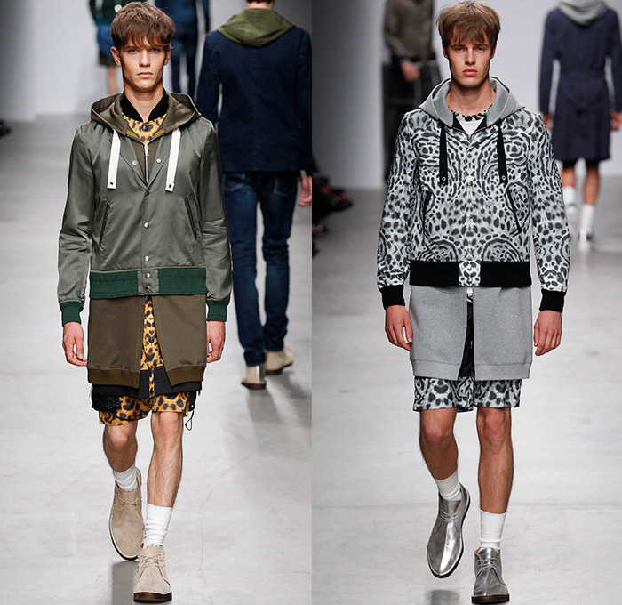 MIHARAYASUHIRO 2015 Spring Summer Mens Runway Catwalk Collection Looks - Mode à Paris Fashion Week Mode Masculine France - Denim Jeans Patchwork Frayed Vintage Ripped Destroyed Destructed Sandals Socks Outerwear Coat Paisley Drawstring Shorts Sneakers Bomber Jacket Tuck Out Shirt Black Knit Cardigan Hoodie Abstract Blazer Shorts Hat Fedora Cheetah Print Spots Pants Trousers