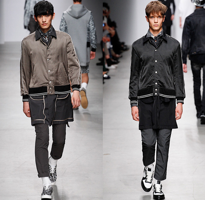 MIHARAYASUHIRO 2015 Spring Summer Mens Runway Catwalk Collection Looks - Mode à Paris Fashion Week Mode Masculine France - Denim Jeans Patchwork Frayed Vintage Ripped Destroyed Destructed Sandals Socks Outerwear Coat Paisley Drawstring Shorts Sneakers Bomber Jacket Tuck Out Shirt Black Knit Cardigan Hoodie Abstract Blazer Shorts Hat Fedora Cheetah Print Spots Pants Trousers