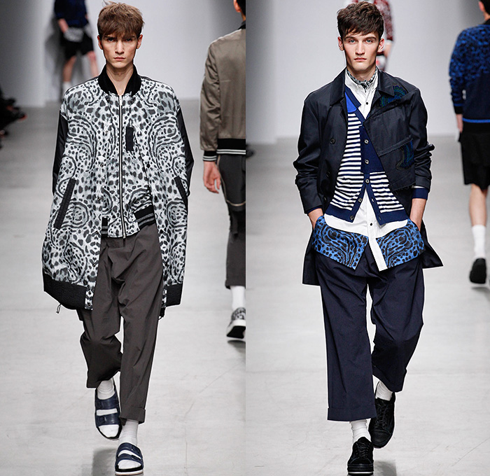 MIHARAYASUHIRO 2015 Spring Summer Mens Runway Catwalk Collection Looks - Mode à Paris Fashion Week Mode Masculine France - Denim Jeans Patchwork Frayed Vintage Ripped Destroyed Destructed Sandals Socks Outerwear Coat Paisley Drawstring Shorts Sneakers Bomber Jacket Tuck Out Shirt Black Knit Cardigan Hoodie Abstract Blazer Shorts Hat Fedora Cheetah Print Spots Pants Trousers