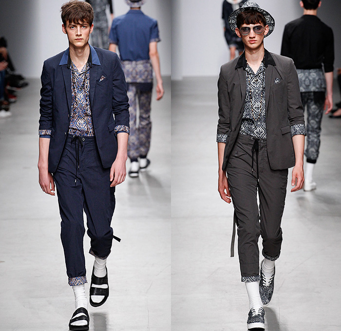 MIHARAYASUHIRO 2015 Spring Summer Mens Runway Catwalk Collection Looks - Mode à Paris Fashion Week Mode Masculine France - Denim Jeans Patchwork Frayed Vintage Ripped Destroyed Destructed Sandals Socks Outerwear Coat Paisley Drawstring Shorts Sneakers Bomber Jacket Tuck Out Shirt Black Knit Cardigan Hoodie Abstract Blazer Shorts Hat Fedora Cheetah Print Spots Pants Trousers