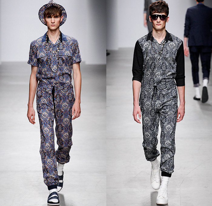 MIHARAYASUHIRO 2015 Spring Summer Mens Runway Catwalk Collection Looks - Mode à Paris Fashion Week Mode Masculine France - Denim Jeans Patchwork Frayed Vintage Ripped Destroyed Destructed Sandals Socks Outerwear Coat Paisley Drawstring Shorts Sneakers Bomber Jacket Tuck Out Shirt Black Knit Cardigan Hoodie Abstract Blazer Shorts Hat Fedora Cheetah Print Spots Pants Trousers