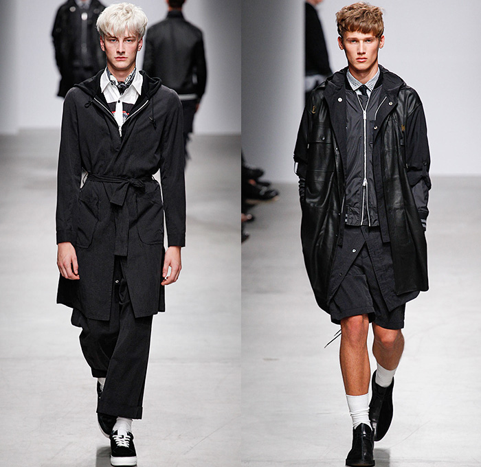 MIHARAYASUHIRO 2015 Spring Summer Mens Runway Catwalk Collection Looks - Mode à Paris Fashion Week Mode Masculine France - Denim Jeans Patchwork Frayed Vintage Ripped Destroyed Destructed Sandals Socks Outerwear Coat Paisley Drawstring Shorts Sneakers Bomber Jacket Tuck Out Shirt Black Knit Cardigan Hoodie Abstract Blazer Shorts Hat Fedora Cheetah Print Spots Pants Trousers