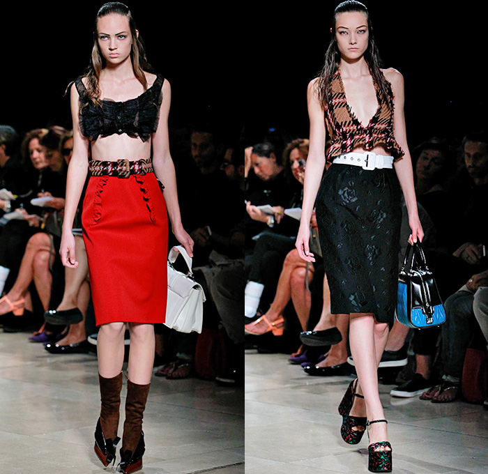 Miu Miu 2015 Spring Summer Womens Runway Catwalk Looks - Mode à Paris Fashion Week Prêt-à-Porter Mode Féminin Femme France Miuccia Prada - Ruffles Ruched Crop Top Midriff Pencil Skirt Plaid Tartan Low V-Neck Stripes Jacquard Leaves Foliage Fauna Botanical Multi-Panel Frock Flowers Florals Flora Knit Sweater Jumper Sleeveless Suede Outerwear Coat Overcoat Topcoat