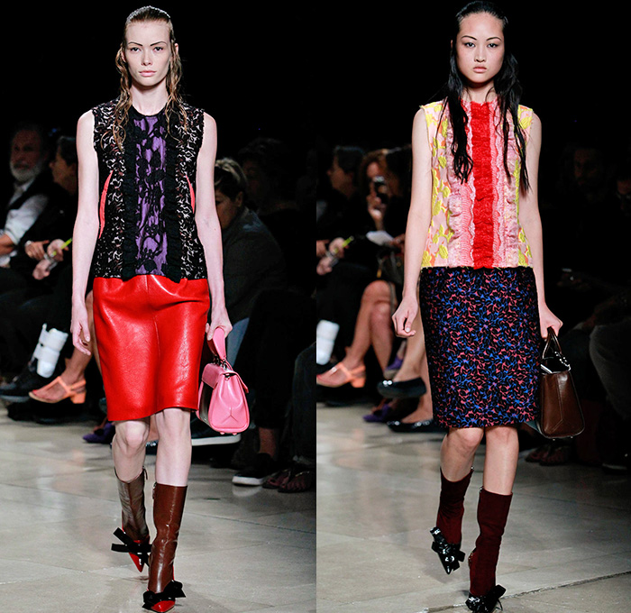 Miu Miu 2015 Spring Summer Womens Runway Catwalk Looks - Mode à Paris Fashion Week Prêt-à-Porter Mode Féminin Femme France Miuccia Prada - Ruffles Ruched Crop Top Midriff Pencil Skirt Plaid Tartan Low V-Neck Stripes Jacquard Leaves Foliage Fauna Botanical Multi-Panel Frock Flowers Florals Flora Knit Sweater Jumper Sleeveless Suede Outerwear Coat Overcoat Topcoat