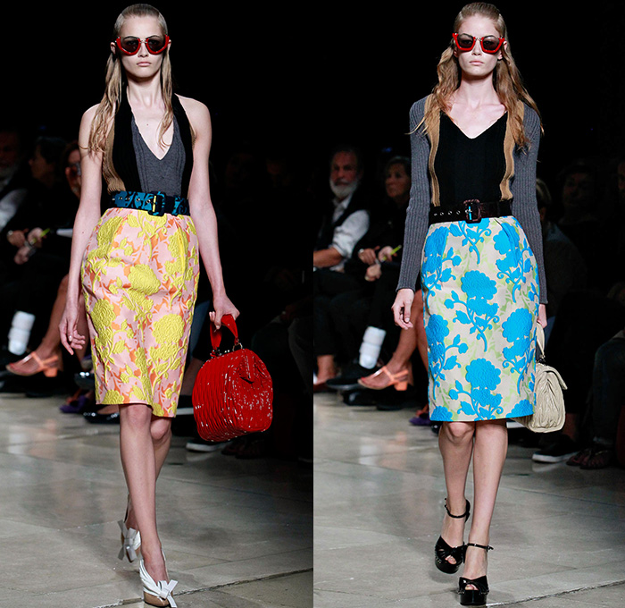 Miu Miu 2015 Spring Summer Womens Runway Catwalk Looks - Mode à Paris Fashion Week Prêt-à-Porter Mode Féminin Femme France Miuccia Prada - Ruffles Ruched Crop Top Midriff Pencil Skirt Plaid Tartan Low V-Neck Stripes Jacquard Leaves Foliage Fauna Botanical Multi-Panel Frock Flowers Florals Flora Knit Sweater Jumper Sleeveless Suede Outerwear Coat Overcoat Topcoat