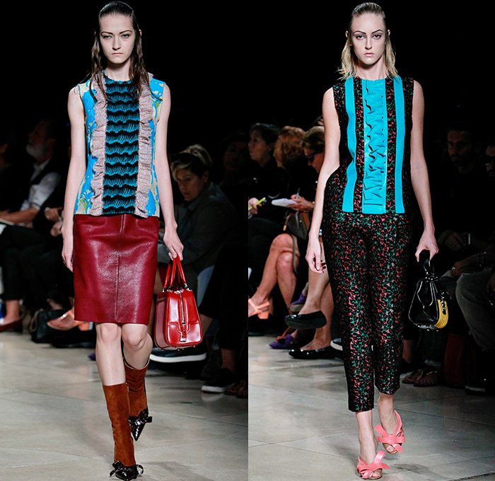 Miu Miu 2015 Spring Summer Womens Runway Catwalk Looks - Mode à Paris Fashion Week Prêt-à-Porter Mode Féminin Femme France Miuccia Prada - Ruffles Ruched Crop Top Midriff Pencil Skirt Plaid Tartan Low V-Neck Stripes Jacquard Leaves Foliage Fauna Botanical Multi-Panel Frock Flowers Florals Flora Knit Sweater Jumper Sleeveless Suede Outerwear Coat Overcoat Topcoat