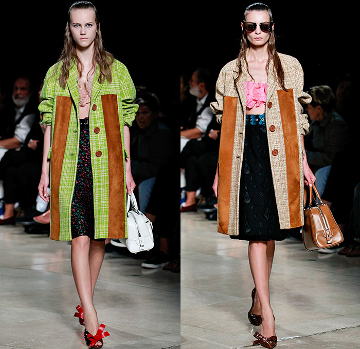 Miu Miu 2015 Spring Summer Womens Runway Catwalk Looks - Mode à Paris Fashion Week Prêt-à-Porter Mode Féminin Femme France Miuccia Prada - Ruffles Ruched Crop Top Midriff Pencil Skirt Plaid Tartan Low V-Neck Stripes Jacquard Leaves Foliage Fauna Botanical Multi-Panel Frock Flowers Florals Flora Knit Sweater Jumper Sleeveless Suede Outerwear Coat Overcoat Topcoat