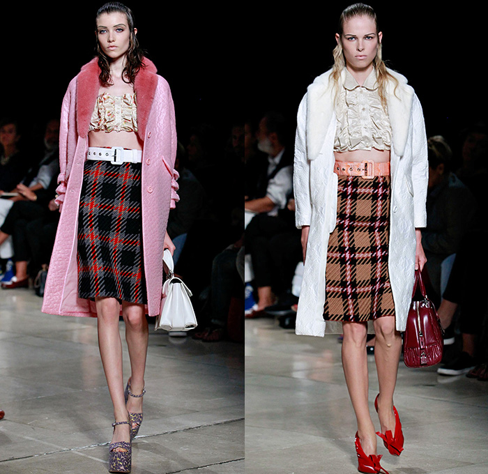 Miu Miu 2015 Spring Summer Womens Runway Catwalk Looks - Mode à Paris Fashion Week Prêt-à-Porter Mode Féminin Femme France Miuccia Prada - Ruffles Ruched Crop Top Midriff Pencil Skirt Plaid Tartan Low V-Neck Stripes Jacquard Leaves Foliage Fauna Botanical Multi-Panel Frock Flowers Florals Flora Knit Sweater Jumper Sleeveless Suede Outerwear Coat Overcoat Topcoat