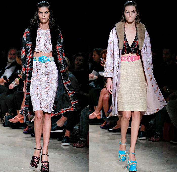 Miu Miu 2015 Spring Summer Womens Runway Catwalk Looks - Mode à Paris Fashion Week Prêt-à-Porter Mode Féminin Femme France Miuccia Prada - Ruffles Ruched Crop Top Midriff Pencil Skirt Plaid Tartan Low V-Neck Stripes Jacquard Leaves Foliage Fauna Botanical Multi-Panel Frock Flowers Florals Flora Knit Sweater Jumper Sleeveless Suede Outerwear Coat Overcoat Topcoat