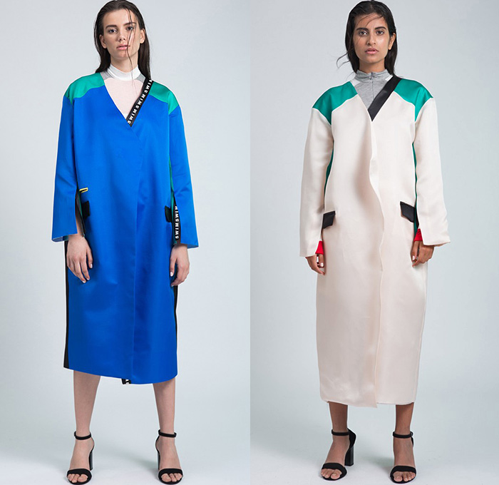 Miuniku 2015 Spring Summer Womens Lookbook Presentation - Mode à Paris Fashion Week Prêt-à-Porter Mode Féminin Femme France - Swimming Pool Coatdress Shirtdress Multi-Panel Handkerchief Asymmetrical Mullet Elastic Hem Pleats Sheer Chiffon Sweater Jumper Outerwear Jacket Flap Cargo Pockets Shorts Stripes Waves Fold Out Peel Away Extra Panel Banner Dress Skirt Blouse