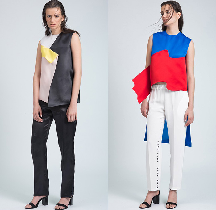 Miuniku 2015 Spring Summer Womens Lookbook Presentation - Mode à Paris Fashion Week Prêt-à-Porter Mode Féminin Femme France - Swimming Pool Coatdress Shirtdress Multi-Panel Handkerchief Asymmetrical Mullet Elastic Hem Pleats Sheer Chiffon Sweater Jumper Outerwear Jacket Flap Cargo Pockets Shorts Stripes Waves Fold Out Peel Away Extra Panel Banner Dress Skirt Blouse