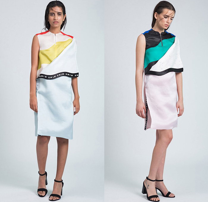 Miuniku 2015 Spring Summer Womens Lookbook Presentation - Mode à Paris Fashion Week Prêt-à-Porter Mode Féminin Femme France - Swimming Pool Coatdress Shirtdress Multi-Panel Handkerchief Asymmetrical Mullet Elastic Hem Pleats Sheer Chiffon Sweater Jumper Outerwear Jacket Flap Cargo Pockets Shorts Stripes Waves Fold Out Peel Away Extra Panel Banner Dress Skirt Blouse