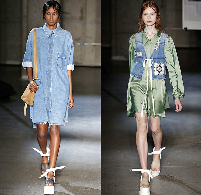 MM6 Maison Martin Margiela 2015 Spring Summer Womens Runway Catwalk Looks - Mercedes-Benz Fashion Week New York MBFW - Denim Jeans Patchwork Outerwear Coat Silk Drapery Drawstring Knots Tie Up Paisley Shirtdress Blousedress Skirt Frock Dress Vest Waistcoat Western Cowgirl Fringes Sash Waist Jumpsuit Onesie Coveralls Wrap Robe Kimono Multi-Panel Mom Jeans High Waist Suede Leather Scarf Bandanna Chaps Shorts Loungewear