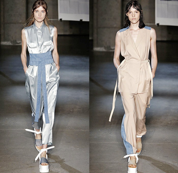 MM6 Maison Martin Margiela 2015 Spring Summer Womens Runway Catwalk Looks - Mercedes-Benz Fashion Week New York MBFW - Denim Jeans Patchwork Outerwear Coat Silk Drapery Drawstring Knots Tie Up Paisley Shirtdress Blousedress Skirt Frock Dress Vest Waistcoat Western Cowgirl Fringes Sash Waist Jumpsuit Onesie Coveralls Wrap Robe Kimono Multi-Panel Mom Jeans High Waist Suede Leather Scarf Bandanna Chaps Shorts Loungewear