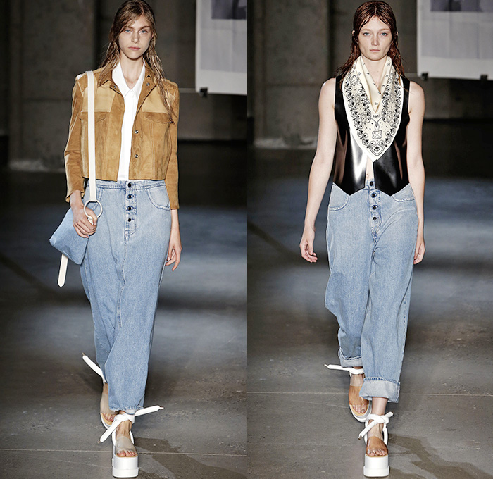 MM6 Maison Martin Margiela 2015 Spring Summer Womens Runway Catwalk Looks - Mercedes-Benz Fashion Week New York MBFW - Denim Jeans Patchwork Outerwear Coat Silk Drapery Drawstring Knots Tie Up Paisley Shirtdress Blousedress Skirt Frock Dress Vest Waistcoat Western Cowgirl Fringes Sash Waist Jumpsuit Onesie Coveralls Wrap Robe Kimono Multi-Panel Mom Jeans High Waist Suede Leather Scarf Bandanna Chaps Shorts Loungewear