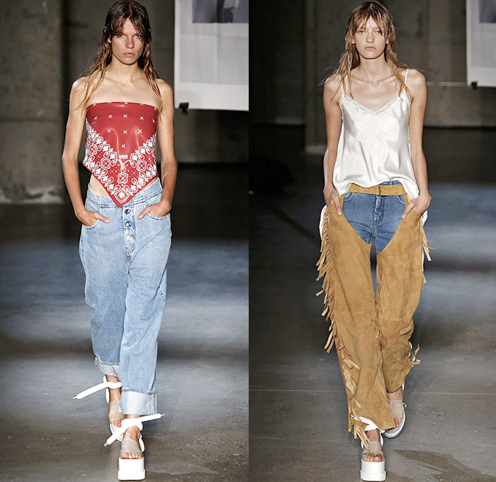 MM6 Maison Martin Margiela 2015 Spring Summer Womens Runway Catwalk Looks - Mercedes-Benz Fashion Week New York MBFW - Denim Jeans Patchwork Outerwear Coat Silk Drapery Drawstring Knots Tie Up Paisley Shirtdress Blousedress Skirt Frock Dress Vest Waistcoat Western Cowgirl Fringes Sash Waist Jumpsuit Onesie Coveralls Wrap Robe Kimono Multi-Panel Mom Jeans High Waist Suede Leather Scarf Bandanna Chaps Shorts Loungewear