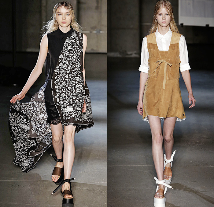 MM6 Maison Martin Margiela 2015 Spring Summer Womens Runway Catwalk Looks - Mercedes-Benz Fashion Week New York MBFW - Denim Jeans Patchwork Outerwear Coat Silk Drapery Drawstring Knots Tie Up Paisley Shirtdress Blousedress Skirt Frock Dress Vest Waistcoat Western Cowgirl Fringes Sash Waist Jumpsuit Onesie Coveralls Wrap Robe Kimono Multi-Panel Mom Jeans High Waist Suede Leather Scarf Bandanna Chaps Shorts Loungewear