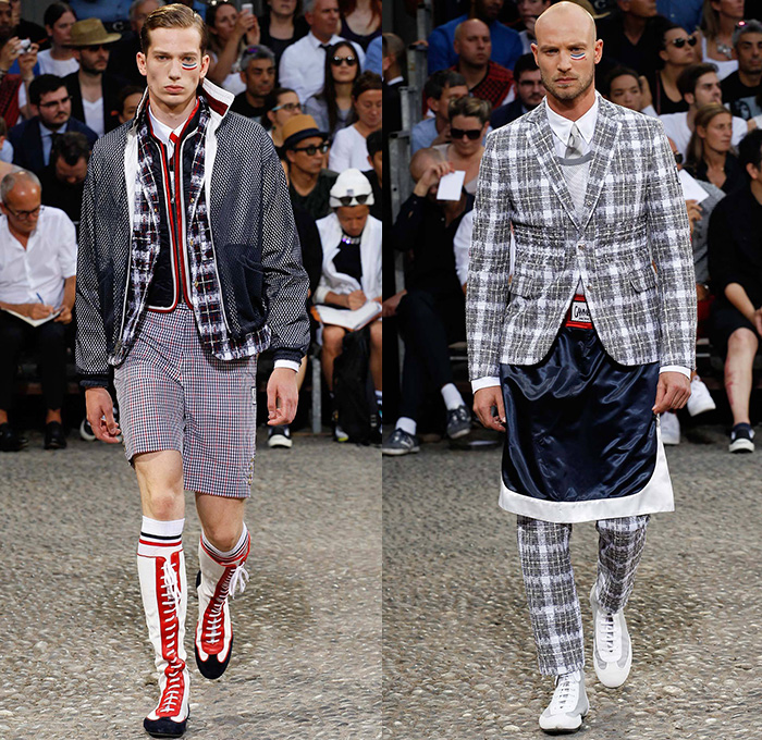 Moncler Gamme Bleu 2015 Spring Summer Mens Runway Looks - Milano Moda Uomo Collezione Milan Fashion Week Italy Camera Nazionale della Moda Italiana - Sport Gym Boxing Trunks Fighter Plaid Checks Suit Blazer Robe Lace Up Drawstring Cinch Garter Waist Quilted Hoodie Mesh Layers Fold Out Sleeve Zippers Stripes Vest Waistcoat Pants Trousers Outerwear Coat Jacket Parka Shorts Over Pants Wide Leg Trousers Palazzo Pants Cargo Pockets Manskirt Kilt Hanging Sleeve