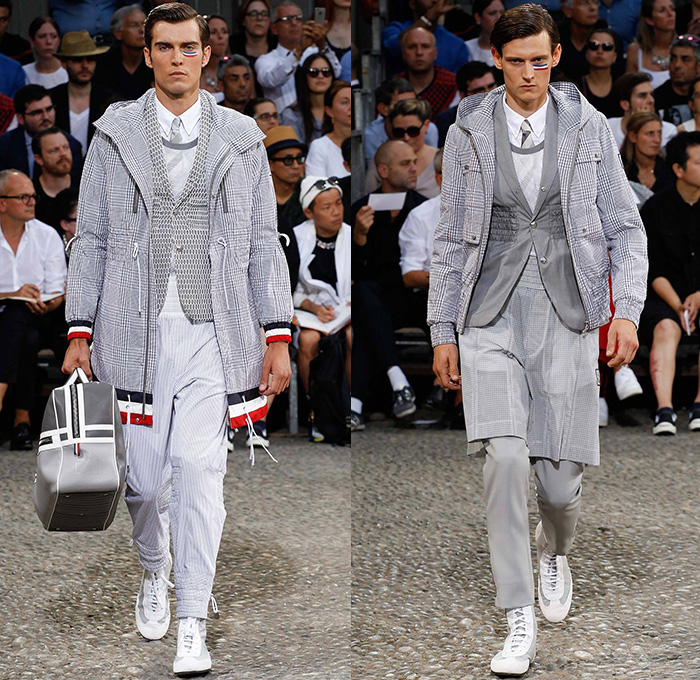 Moncler Gamme Bleu 2015 Spring Summer Mens Runway Looks - Milano Moda Uomo Collezione Milan Fashion Week Italy Camera Nazionale della Moda Italiana - Sport Gym Boxing Trunks Fighter Plaid Checks Suit Blazer Robe Lace Up Drawstring Cinch Garter Waist Quilted Hoodie Mesh Layers Fold Out Sleeve Zippers Stripes Vest Waistcoat Pants Trousers Outerwear Coat Jacket Parka Shorts Over Pants Wide Leg Trousers Palazzo Pants Cargo Pockets Manskirt Kilt Hanging Sleeve