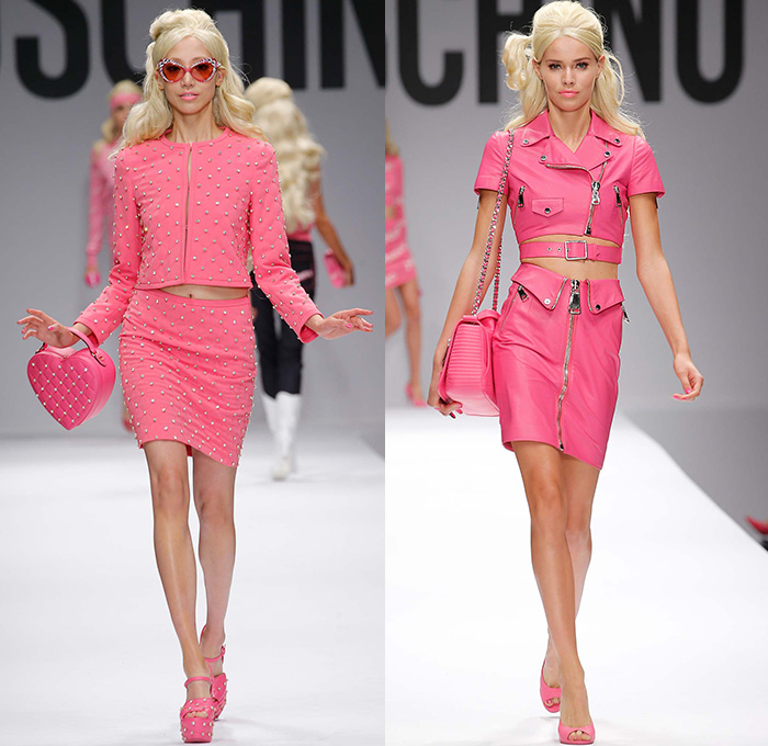 Moschino 2015 Spring Summer Womens Runway Looks - Milano Moda Donna Collezione Milan Fashion Week Italy Jeremy Scott - Barbie Doll Denim Jeans Crop Top Shorts Sweatpants Jogger Sweaterdress Hearts Leather Motorcycle Biker Oversized Chains Sequins Bow Ribbon Gold Metallic Sheer Chiffon Bandeau Belt Flapper Dress Quilted Skirt Frock Outerwear Bomber Jacket Combo Panels Swimsuit Panel Polka Dots Mesh Tulle Puffy