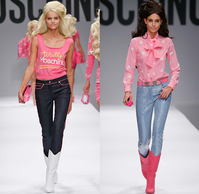 Moschino 2015 Spring Summer Womens Runway Looks - Milano Moda Donna Collezione Milan Fashion Week Italy Jeremy Scott - Barbie Doll Denim Jeans Crop Top Shorts Sweatpants Jogger Sweaterdress Hearts Leather Motorcycle Biker Oversized Chains Sequins Bow Ribbon Gold Metallic Sheer Chiffon Bandeau Belt Flapper Dress Quilted Skirt Frock Outerwear Bomber Jacket Combo Panels Swimsuit Panel Polka Dots Mesh Tulle Puffy