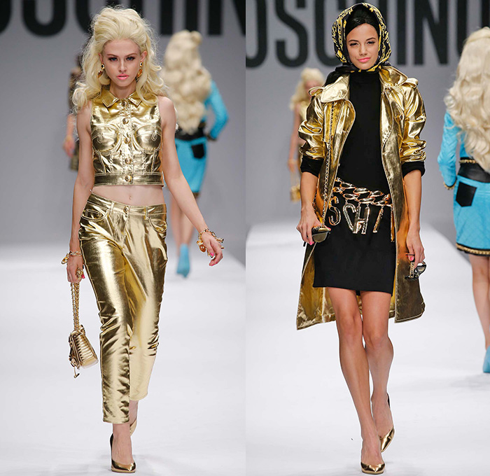 Moschino 2015 Spring Summer Womens Runway Looks - Milano Moda Donna Collezione Milan Fashion Week Italy Jeremy Scott - Barbie Doll Denim Jeans Crop Top Shorts Sweatpants Jogger Sweaterdress Hearts Leather Motorcycle Biker Oversized Chains Sequins Bow Ribbon Gold Metallic Sheer Chiffon Bandeau Belt Flapper Dress Quilted Skirt Frock Outerwear Bomber Jacket Combo Panels Swimsuit Panel Polka Dots Mesh Tulle Puffy