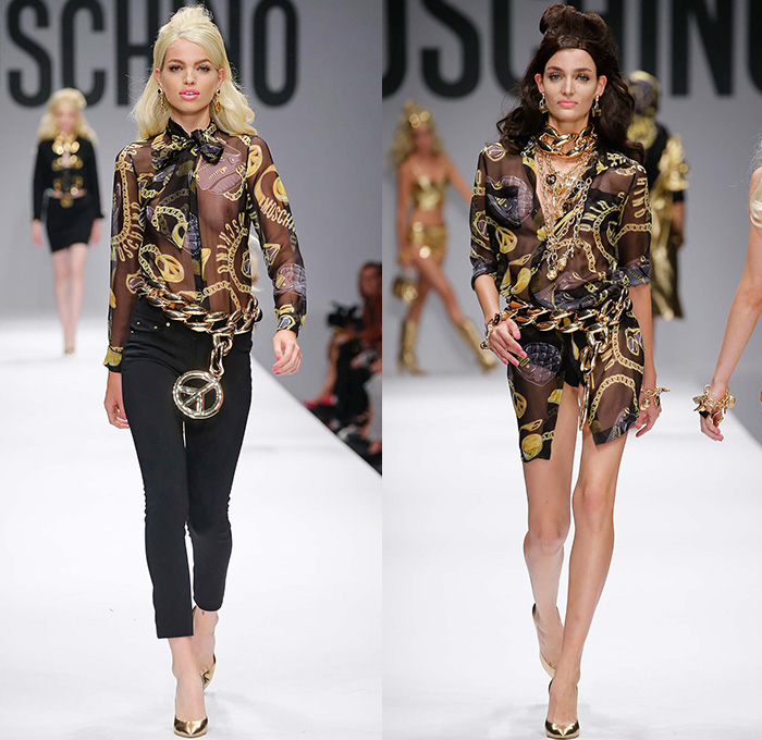 Moschino 2015 Spring Summer Womens Runway Looks - Milano Moda Donna Collezione Milan Fashion Week Italy Jeremy Scott - Barbie Doll Denim Jeans Crop Top Shorts Sweatpants Jogger Sweaterdress Hearts Leather Motorcycle Biker Oversized Chains Sequins Bow Ribbon Gold Metallic Sheer Chiffon Bandeau Belt Flapper Dress Quilted Skirt Frock Outerwear Bomber Jacket Combo Panels Swimsuit Panel Polka Dots Mesh Tulle Puffy